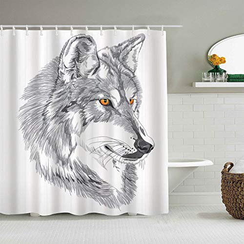 MEJX Cortina de Ducha,Retrato Hecho a Mano del Tatuaje del Lobo Siberiano Leyenda del Animal Salvaje Husky Obra,Tejido de poliéster - con Gancho,180x210