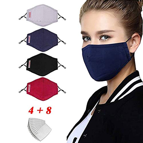 Altsommer 4PCS Bandanas De Algodón con 8 Piezas Filtro de Carbón Activado, Bandanas Lavables y Reutilizables con Banda Ajustable Para Adultos