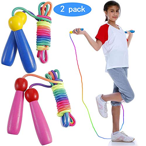 BOZHZO Cuerda Saltar para niños 2 Pack 2.2M Skipping Rope niños Ajustable con Mango de Madera y Cuerda de Algodón para Niños Junp Ropes Mayores de 3 años, niños y niñas, Entrenamiento Deportivo