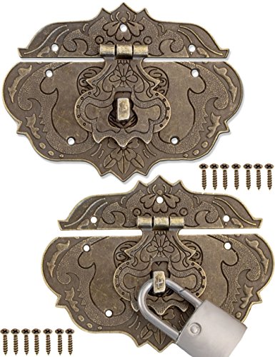 Fuxxer® – 2 cierres antiguos, diseño de hierro bronce, cierres de muebles, herrajes para candados de candados en baúles, 75 x 58 mm, incluye tornillos, juego de 2