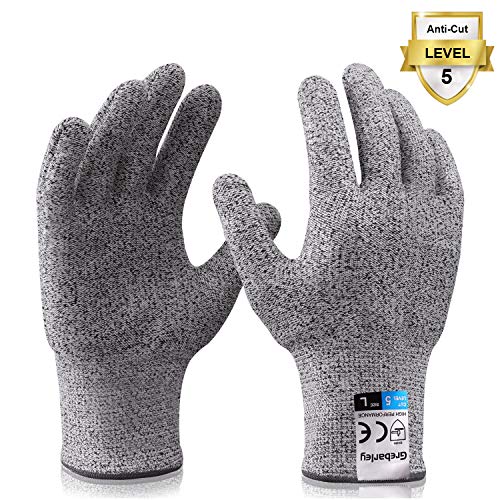 Grebarley Guantes Anticorte,Guantes de Cocina Seguridad Nivel 5 Protección,Guantes Resistentes a Cortes para Cocina/Exterior/Explorar,Gris 1 par(L)