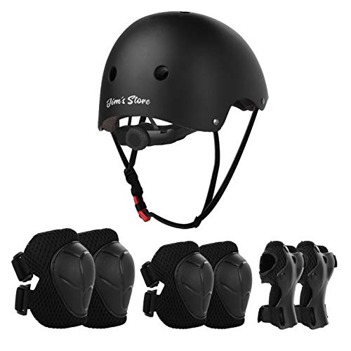 JIM'S STORE Casco y Protecciones Ajustable Infantiles Rodilleras Coderas, Rodilla Almohadillas Codo Almohadillas Muñeca Protector Casco 7 Piezas/Set para Scooter Ciclismo Rodillo Patinaje (Negro)