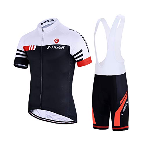 X-TIGER Hombres de Bicicleta con 5D Gel Acolchado MTB Ciclismo Tirantes Culotte Pantalones Cortos Culotes (L, Rojo y Blanco)