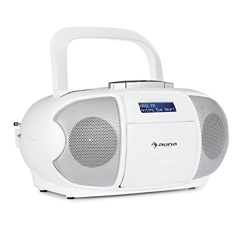 auna BeeBerry Radio - Boombox, Pletina de Casete, Reproductor de CD, Sintonizador Dab+, USB, AUX, Pantalla LCD, Despertador, Altavoces estéreo, Alimentación Cable o Pilas, Asa, Blanco