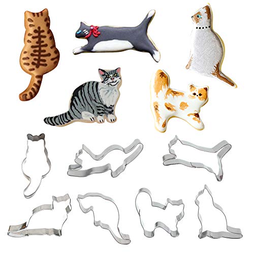 Juego de 7 cortadores de galletas para gato, gato sentado, gato corriendo, divertido gato, gatito y gato rizado, moldes para fondant en forma de gato – en acero inoxidable duradero