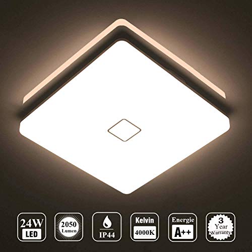 Öuesen LED 24W lámpara de techo resistente al agua moderna LED luz de techo Cuadrado delgada 2050lm Blanco natural 4000K para baño Dormitorio Cocina Sala de estar Comedor Balcón Pasillo