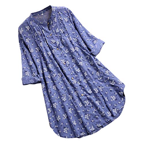 Tashioning Blusa De Manga Larga con Cuello En V Plisado Estampado Floral Y para Mujer Camisetas Largo Vintage Lino Moda Tops Blusas T-Shirt(Cielo Azul,3XL)