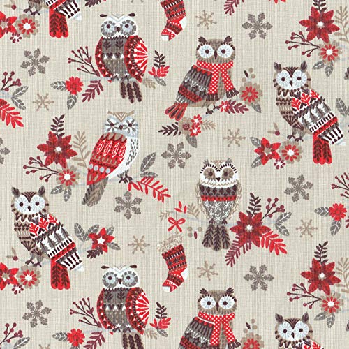 Textiles français Tela Navidad de algodón Estampada - Búhos navideños - Rojo de Navidad, Gris Pardo, Gris y Blanco Sobre un Fondo Beige Arena - 100% algodón Suave | Ancho: 160 cm (por Metro Lineal)*