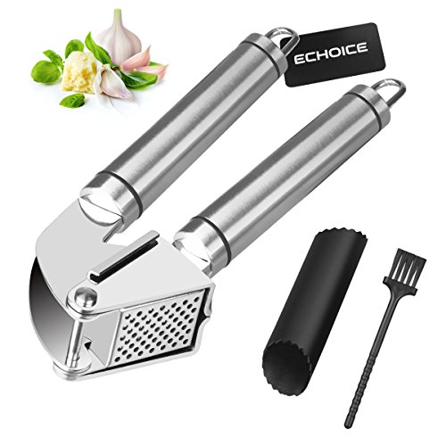 KASTEWILL Prensa Ajos Acero Inoxidable Prensa Manual de Ajo, Garlic Press Trituradora Doméstica de Jengibre Apto para Lavavajillas con Pelador de Ajo y Cepillo de Limpieza - Plata