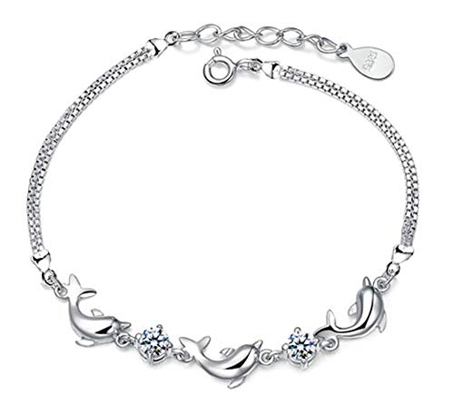 MixiuEuro Mujeres Niñas Pulseras, plata de ley 925 CZ Cubic Zirconia Amethyst Dolphin Love Pulseras Joyas Regalo para niñas (White)