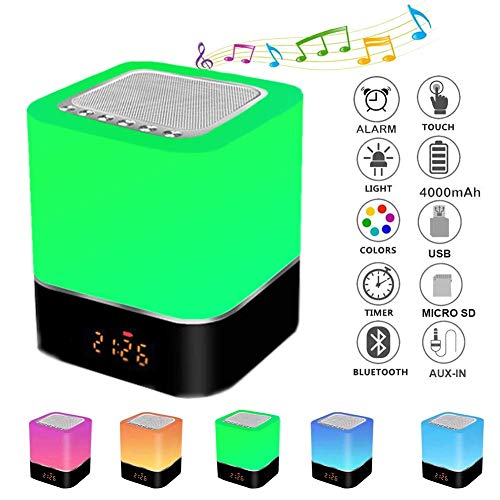 Altavoz Bluetooth Luz de Nocturna,Careslong lámpara de cabecera portátil sensible al tacto de 7 colores regulable, lámpara de con despertador,reproductor de MP3/radio FM/Despert de Música