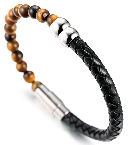 Halukakah ● Saluda LA Tierra ● Pulsera Hombre Cuero Genuina con Cuentas en Piedra Natural Ojo de Tigre,Ingenioso Cierre Magnético,8.46"(21.5cm) con CajaDeRegaloGRATIS