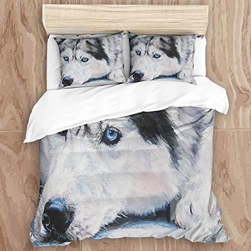 LISUMAL Ropa de Cama - Juego de Funda nórdica Mantener Caliente，Perro Retrato Mascota realismo l.a.Shepard Cachorro Husky Siberiano Ojos Azules Plata Trineo Papilla invierno140 x 200cm