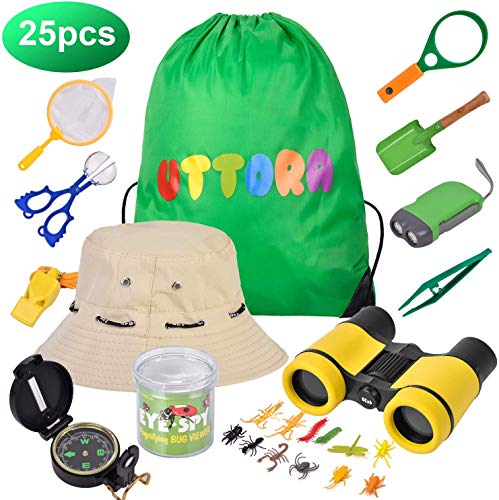 UTTORA Prismaticos niños,Kit de Binoculares para Niños ,Regalos para niños,Kit Explorador niños,Juguetes niños 3-12 de Aventura al Aire Libre Juguetes educativos (25 Piezas)