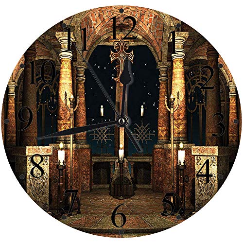 Yaoni Silencioso Wall Clock Decoración de hogar de Reloj de Redondo,Gótico, Oscuro Antiguo salón místico con pilares y cúpula Santuario Edificio ilustración, m,para Hogar, Sala de Estar, el Aula