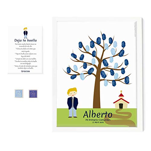 Árbol huellas Niño iglesia Comunión. Personaliza traje, pelo y ojos. Incluye marco y tintas a elegir. Original cuadro de huellas. Recuerdo de invitados. Árbol de la vida