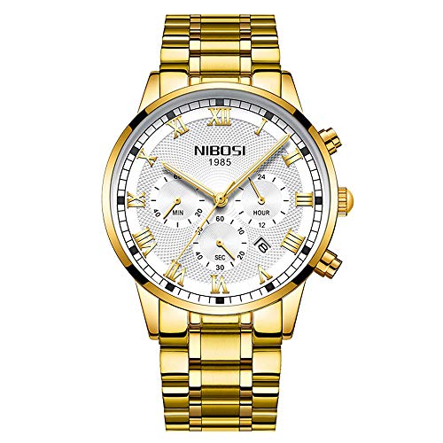 Relojes Hombre Cronógrafo Reloj de Pulsera Calendario Números Romanos con Correa de Acero Inoxidable, Oro Blanco