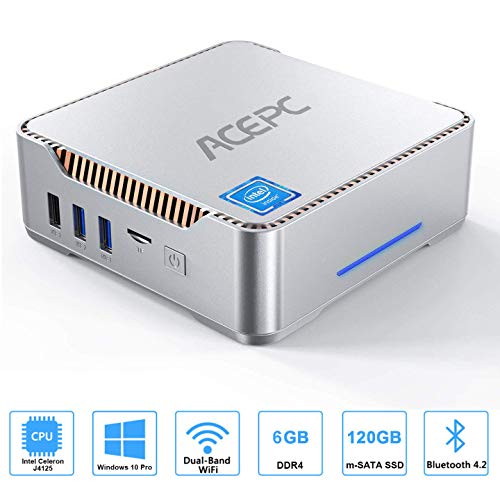 ACEPC Mini PC, AK3 Windows 10 Pro 6GB RAM 120GB ROM, Mini computadora Intel Celeron J4125, Soporte SSD/HDD SATA de 2.5 '', WiFi Dual 2.4 / 5G, Bluetooth 4.2, 4K HD, 2 HDMI y 1 VGA