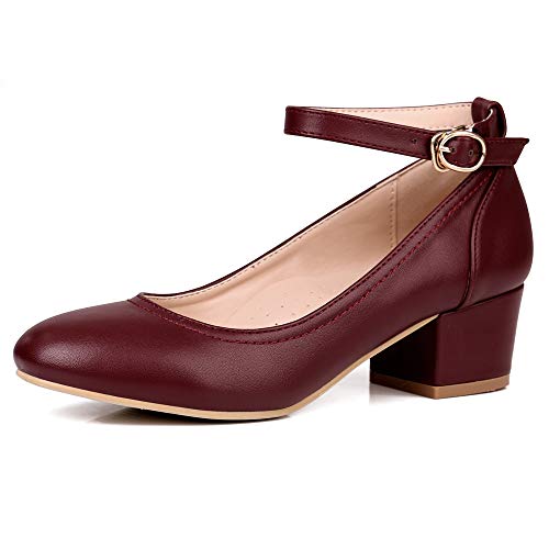 Robasiom - Zapatos estilo Mary Jane o para oficina, de tacón bajo y grueso para mujer, con una correa cómoda en el tobillo, color Rojo, talla 38 EU