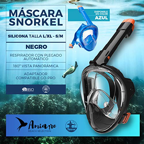 Amiaire - Nemrod .Mascara de Snorkel,180º Visión Panorámica -Mascara de Buceo de Cara Completa- Incluye Soporte cámara Deportiva - Respirador Plegable - Mascara Anti-Niebla y Anti-Fugas. (Negro, S/M)