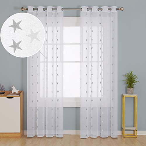 Deconovo Visillos para Ventanas Cortina Translúcida con Ojales para Dormitorio Infantil ２ Piezas 140 x 260 cm Gris Estrellas Grandes