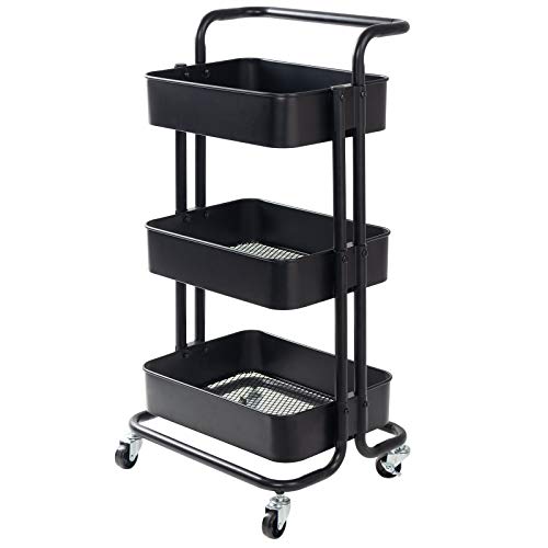 Display4top Carrito con Bloquear Ruedas, Carrito Auxiliar con 3 Nivel para la Cocina, baño, Dormitorio de Almacenamiento (Negro)