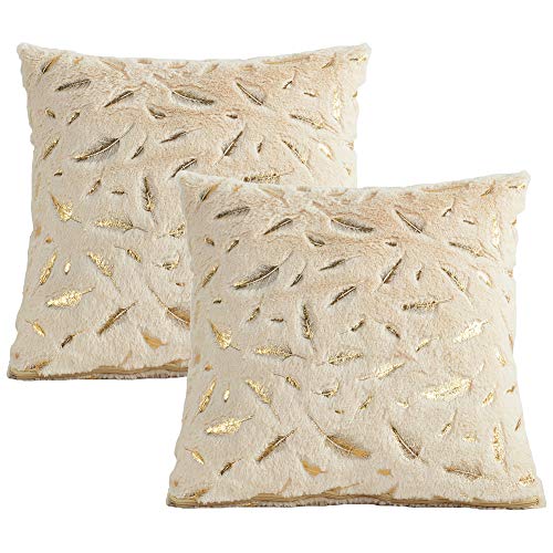 JOTOM Piel de Felpa de Plumas de Oro Funda de Almohada para Sofá Cama Sofá Funda de cojín Fundas de Colchón Casa Decorativa 40X40 cm, Juego de 2 (Beige)