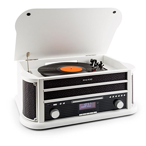 auna Belle Epoque 1908 - Tocadiscos estéreo Retro, Accionamiento por Correa, Radio Digital, Reproductor de CD, MP3, RDS, Casete, USB, Digitalizador, Mando a Distancia, Dab+, Bluetooth, Blanco