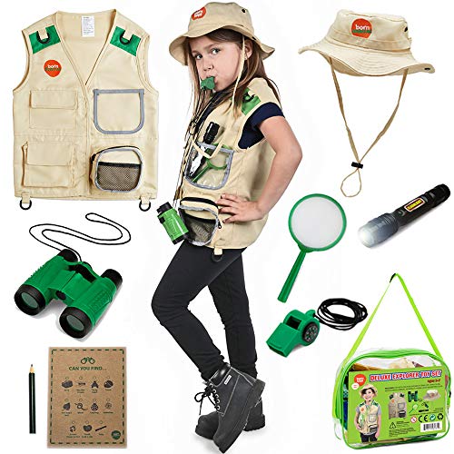 Born Toys Backyard Safari Chaleco y Gorro con el Kit Explorer para Actividades al Aire Libre, Naturaleza, guardaparques, Halloween, campamentos, excursiones, Stem y Ropa científica y Juegos de rol