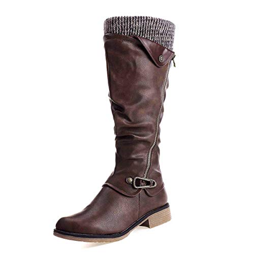 gracosy Botas de Mujer Otoño Invierno 2020 Tacon Bajo Zapatos Largas Botas Forrado de Piel Antideslizante Cómodo Cremallera Hebilla,Negro Marrón Gris