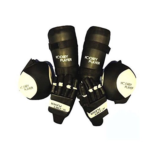 HOCKEYPLAYER Set Compuesto por un par de Guantes, un par de Rodilleras y un par de Espinilleras de Jugador de Hockey sobre Patines de Ruedas en Paralelo Fabricado en Vinilo Modelo Eco (Negro, M)