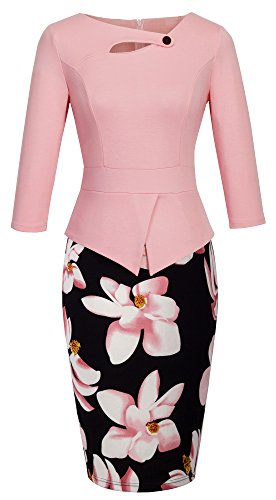 HOMEYEE - Vestido - Corte Imperio Floral Cutaway Sin Mangas - para Mujer B288 (40 = Large, Rosa Claro + Floral - Manga 3/4)