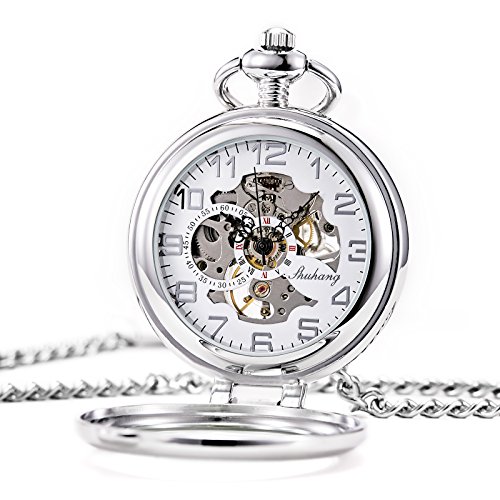 Treeweto Steampunk Reloj de bolsillo mecánico para hombres y mujeres, esfera de esqueleto plateada con cadena + caja
