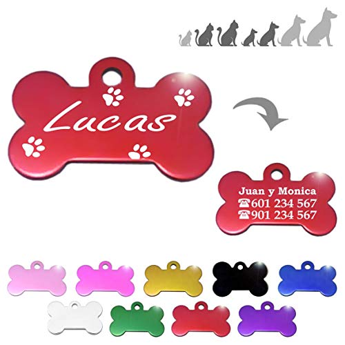 Hueso para Mascotas pequeñas-Medianas con Patas Placa Chapa Medalla de identificación Personalizada para Collar Perro Gato Mascota grabada (Rojo)