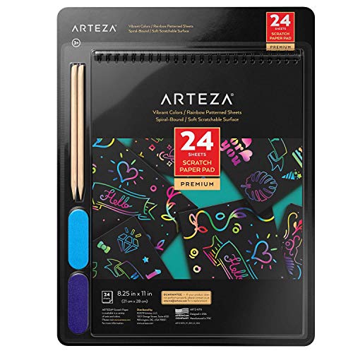 ARTEZA Cuaderno de Scratch Art | 21 x 28 cm | 24 Hojas Negras para rascar | Papel Scratch Arcoiris | Incluye 2 raspadores + 2 Plantillas + 2 Postales | Manualidades para niños, aulas y Bricolaje