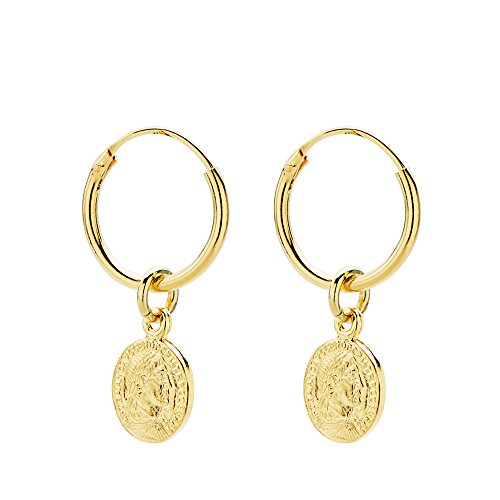 Iyé Biyé Jewels - Pendientes aros lisos 12 mm moneda romana 5 mm mujer niña plata de ley 925 bañado oro amarillo.