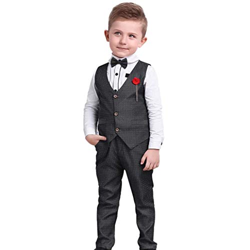 Ropa Bautizo niño Traje de Chico pequeño Tops + Corbata de moño + Pantalones de Tirantes Negro 4-5 Años