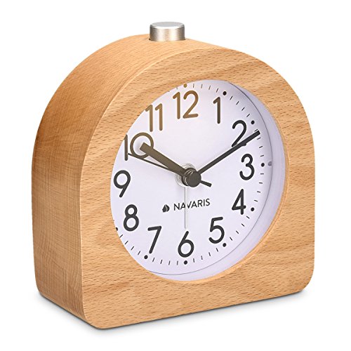 Navaris Despertador analógico - Despertador Madera con luz y Sonido - Reloj Retro con función repetición de Madera Natural Color marrón Claro