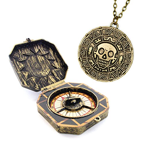 papapanda Pirate Jack Brújula Moneda Azteca Collar Conjunto