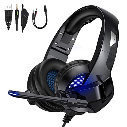 TedGem Auriculares, Auriculares con Microfono, Sonido Envolvente Estéreo Auriculares Gaming, 3.5mm Headset PC, LED Headphones PS4, Headset Gaming para PC Laptop Mac