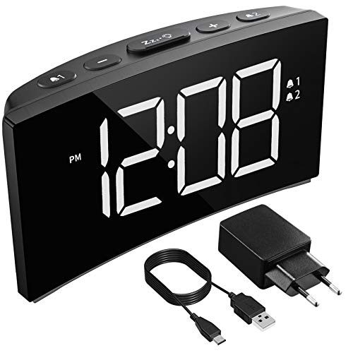 Holife Reloj Despertador Digital,2019 Despertadores Digitales de Pantalla Curvada con Número Grande,con 3 Sonidos de Alarma,Función Snooze,2 Volúmenes Ajustables, Adaptador Incluido,Blanco