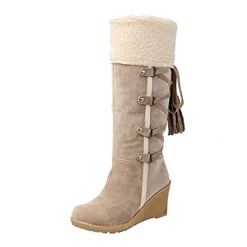 Logobeing Botines Mujer Planos Tacon Zapatos de Mujer Después de Lijar con Borlas Botas Altas Mangas Cuñas Botas de Nieve Zapatos de Plataforma(38,Beige)