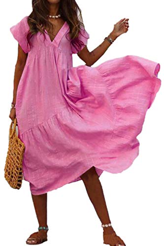 Mujeres Verano Algodón Lino Vestido Cuello Volantes Swing Boho Vestidos Rosa XL