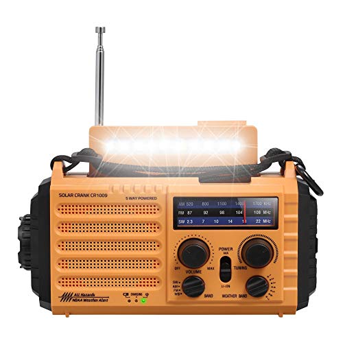 Radio Solar, Radio de Emergencia Portátil con Manivela, Radio Dynamo Weather Am/FM/SW, Cargador de Teléfono USB, Linterna LED y Luz de Lectura, Alarma SOS, Brújula para Acampar al Aire Libre