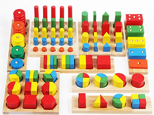 TOWO Figuras geométricas de Madera y Formas de Fracciones - Juego de Figuras para Aprender matemáticas, Aprender Colores y Formas - Juguete Educativo de Madera para niños - Material Montessori