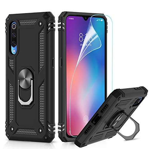 LeYi Funda Xiaomi Mi 9 Armor Carcasa con 360 Grados Anillo iman Soporte Hard PC y Silicona TPU Bumper antigolpes Fundas Carcasas Case para movil Mi 9 con HD Protector de Pantalla,Negro