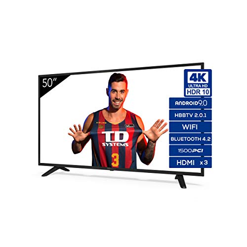 Televisiones Smart TV 50 Pulgadas 4K Android 9.0 y HBBTV, 1500 PCI Hz UHD HDR, 3X HDMI, 2X USB. DVB-T2/C/S2, Modo Hotel - Televisores TD Systems K50DLJ11US