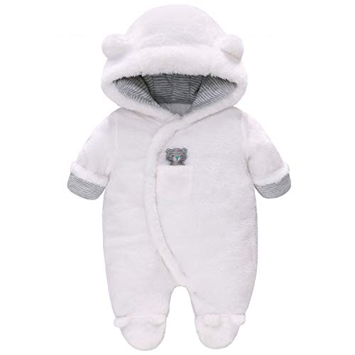 Vine Traje de Nieve Bebé Ropa de Invierno Footed Peleles Mameluco con Capucha Cálido Monos para Niños Niñas, Blanco 3-6 Meses