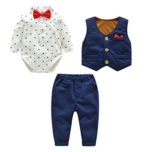 Fairy Baby Baby Boys 3pcs Traje Formal para niños pequeños Caballero Body + Chaleco + Pantalones Size 59(3-6 Meses) (Azul)