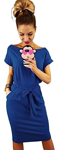 Longwu Vestido de Manga Corta Elegante de Las Mujeres para Trabajar el Vestido Ocasional del lápiz con la Correa Azul-XXL